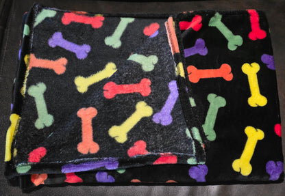 Black Plush Bone Print Dog Blanket- 1.5x1m
