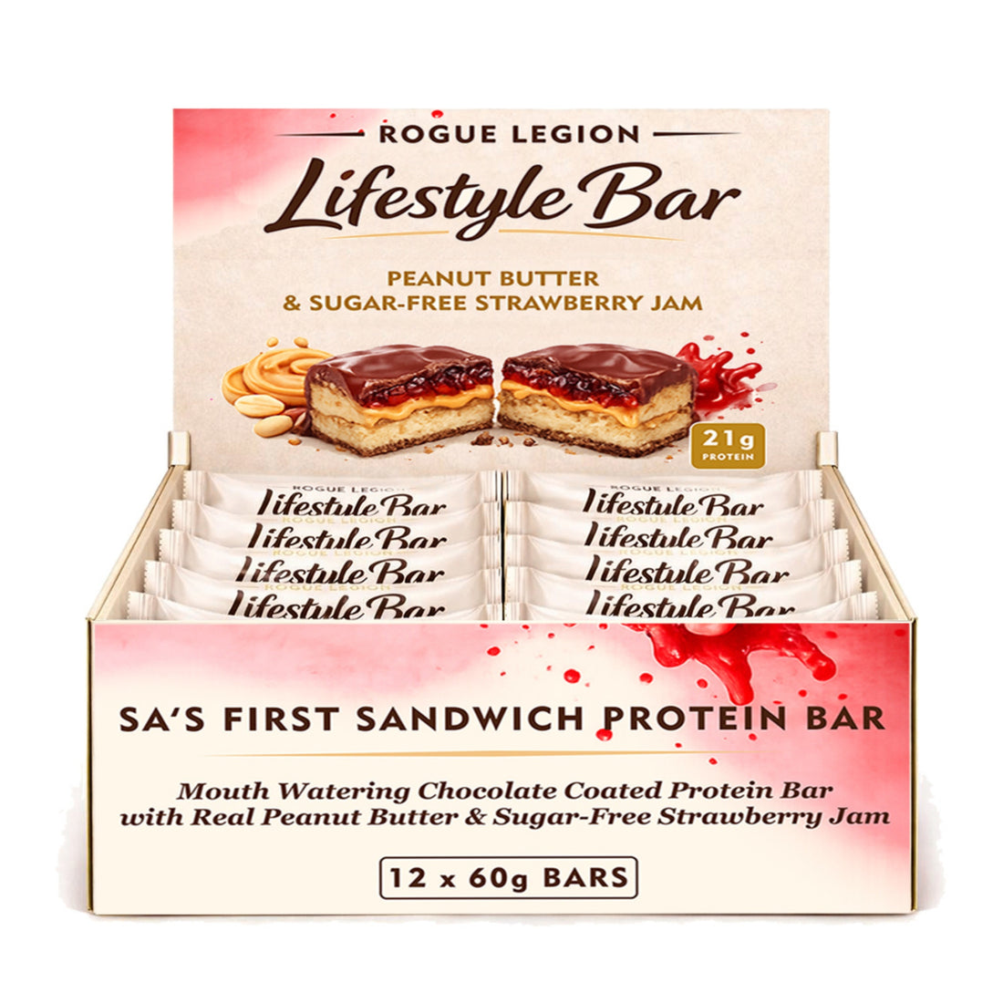 Lifestyle Protein Bar-Peanut Butter &amp; Sugar-Free Strawberry Jam-12 x 60g